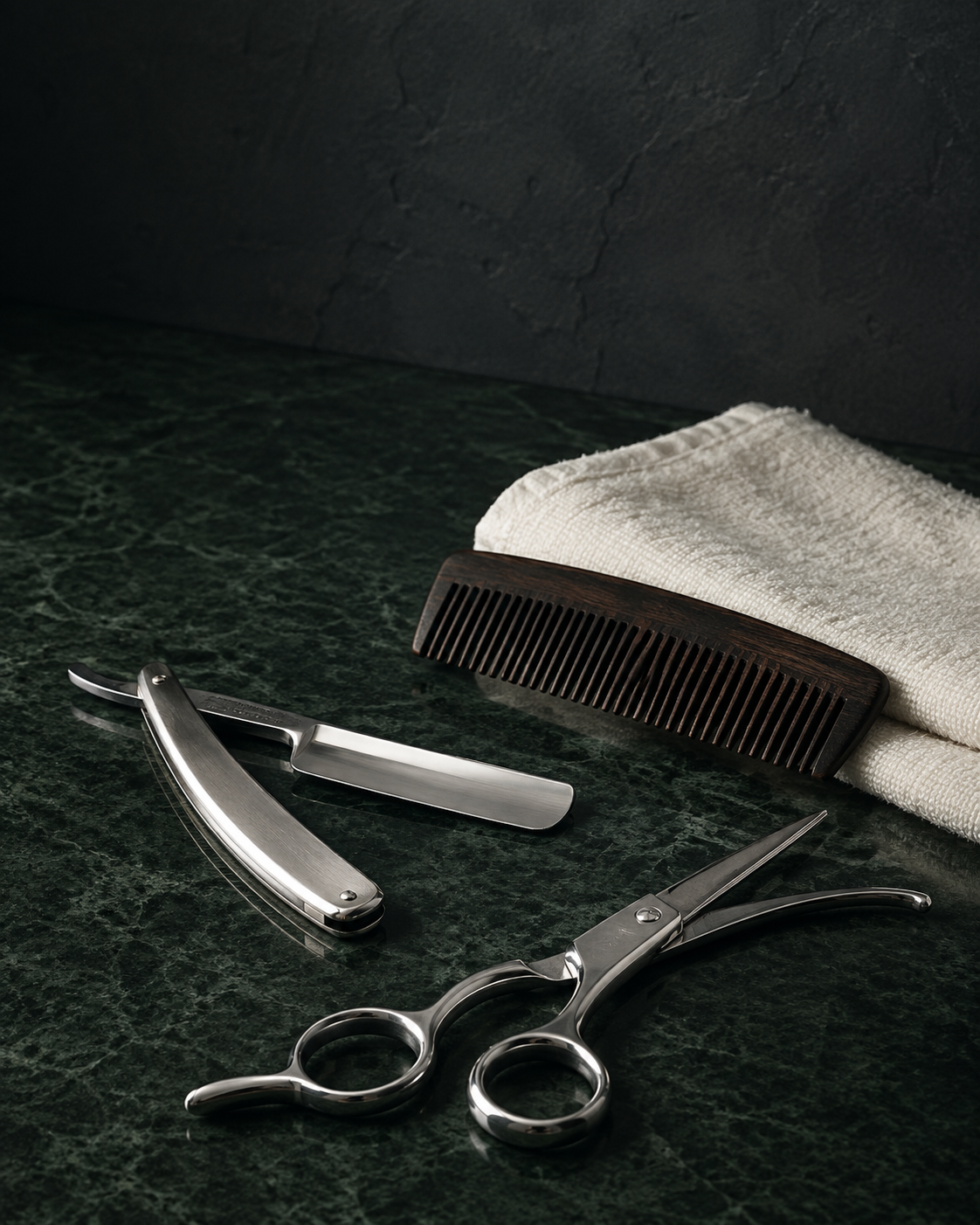 Straight razor, barber scissors, comb, and folded towel arranged on a dark green surface